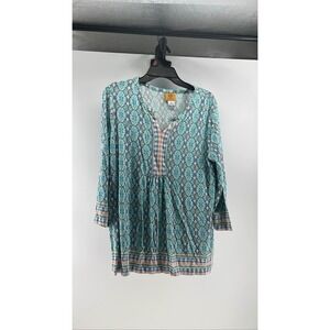 Ruby Rd. Women's Blue Geometric Tunic Blouse 3/4 Sleeve sz L